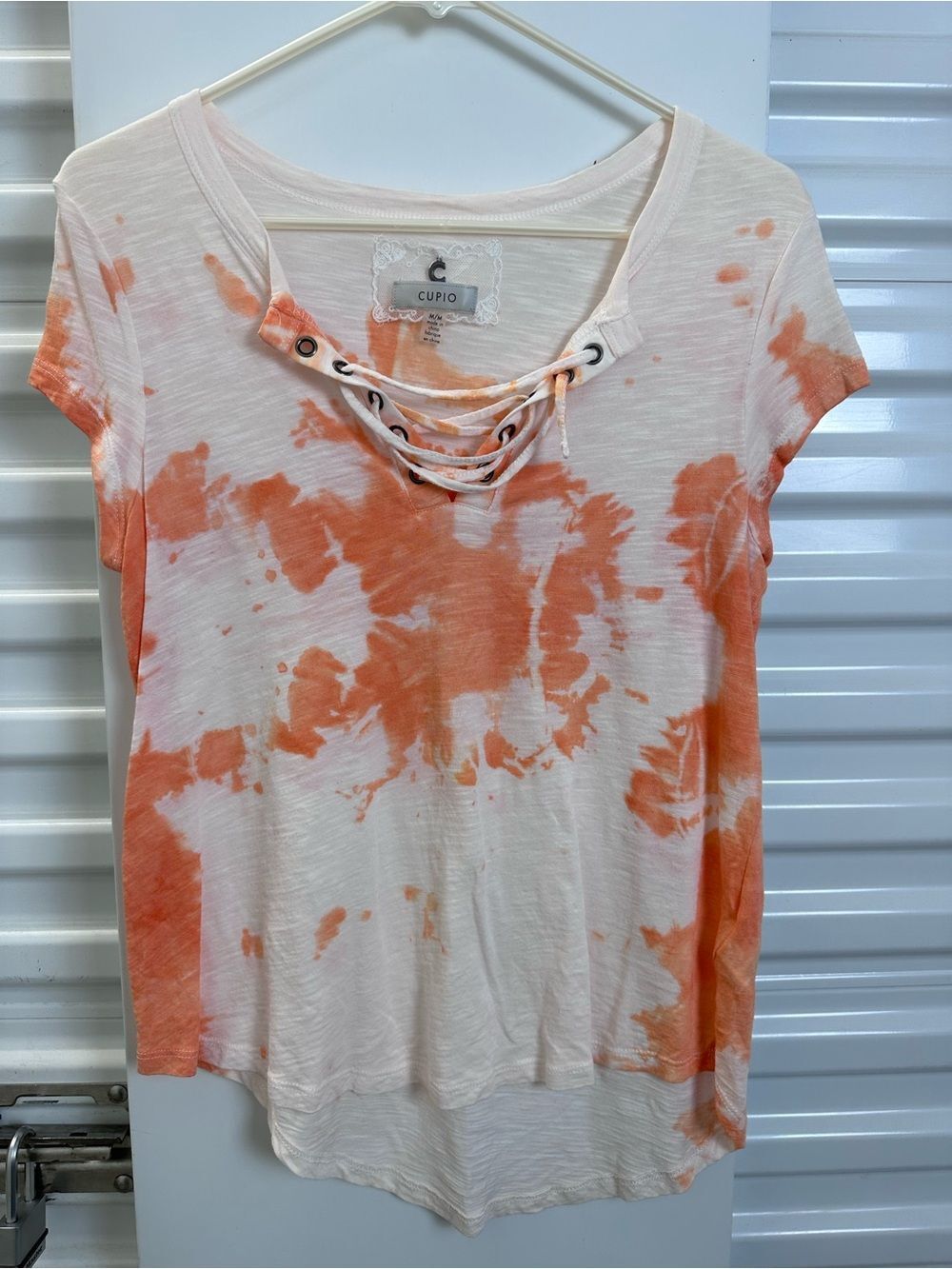 Cupio Orange Tie-Dye Lace-Up V-Neck Short Sleeve Top